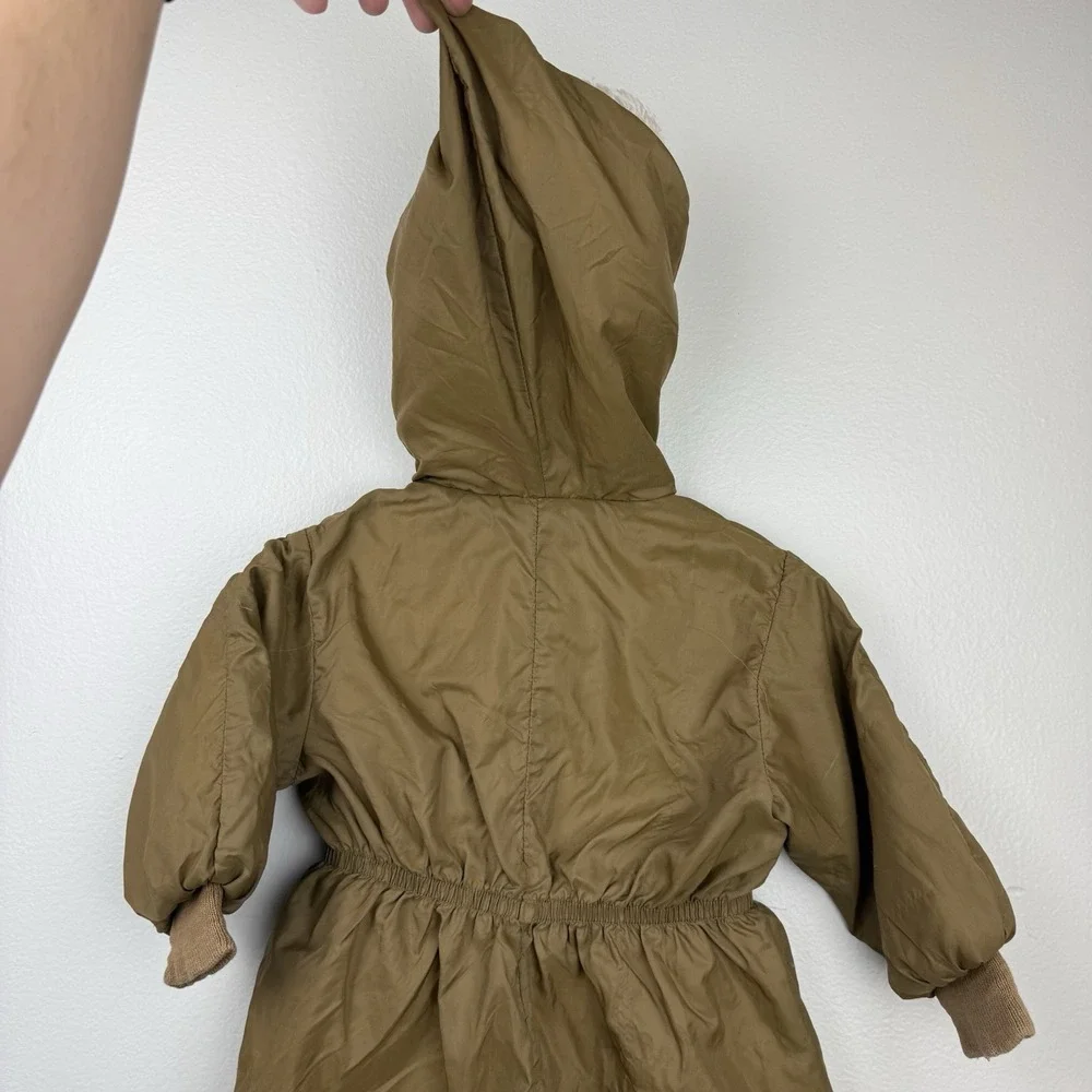 VTG Sears Toddler Snowsuit Brown Cat Embroidery Dual Zipper Faux Fur Hood 24–30M
